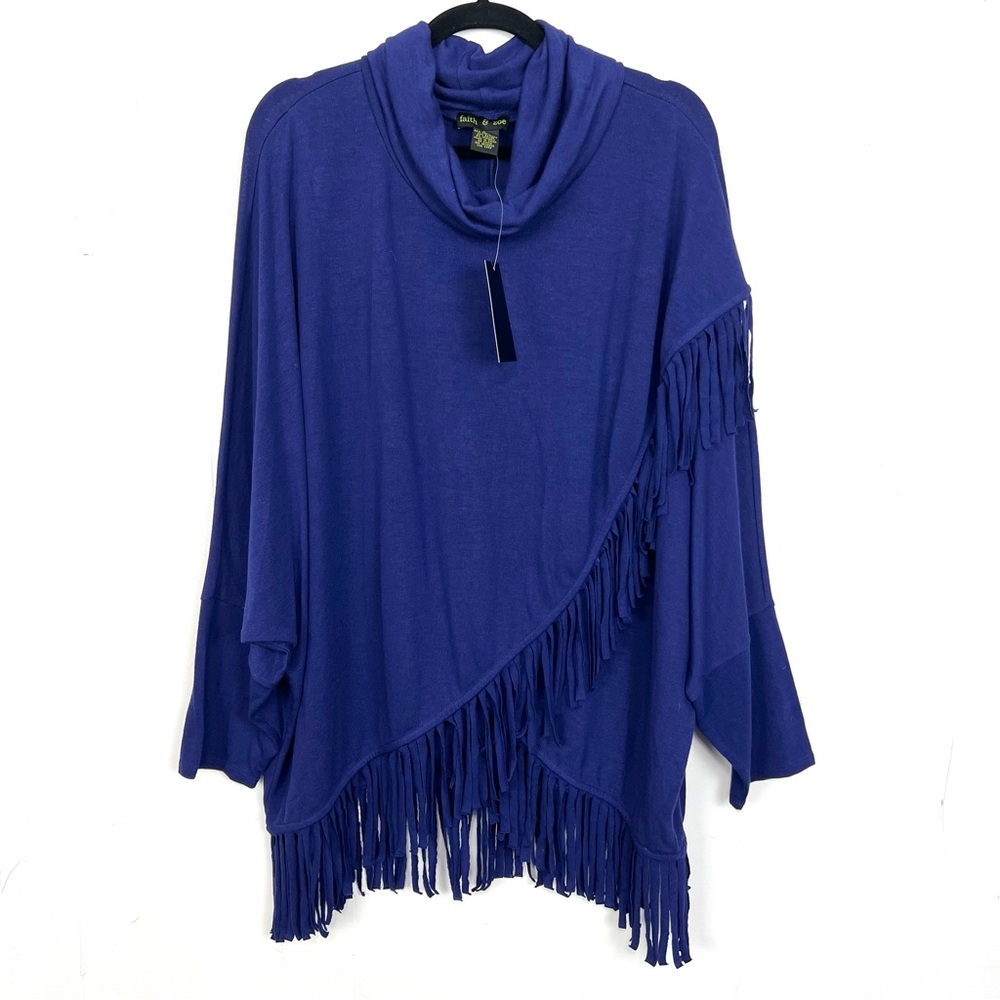 NWT Faith & Zoe Indigo Fringe Sweater Cowl Neck‎ 2X
